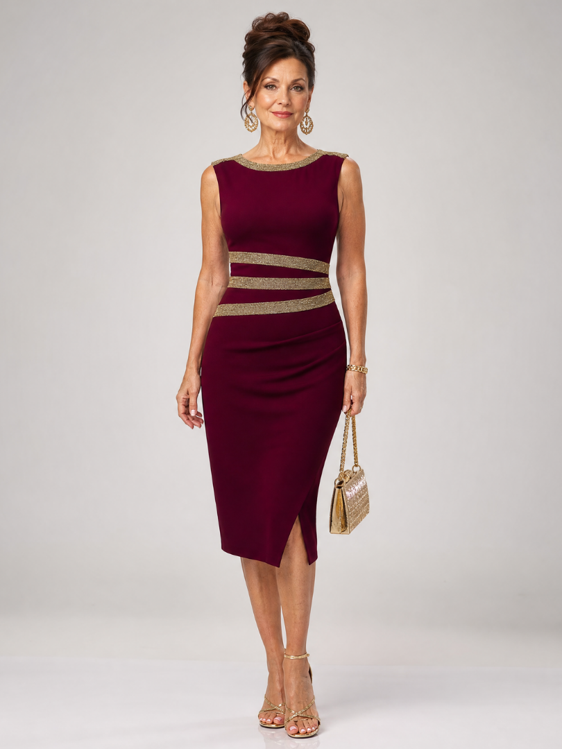 Elakya | Ärmelloses Midi-Kleid mit Metallic-Besatz, rundem Ausschnitt & Vorderschlitz
