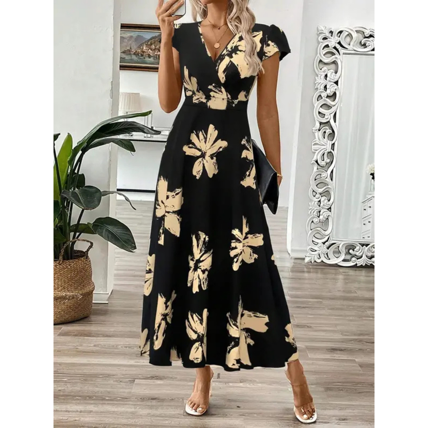 Hanneli | Maxi-Wickelkleid mit Blattprint & Volantärmeln