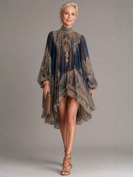 Gyro | Kleid mit Stehkragen, Allover-Print & Ballonärmeln