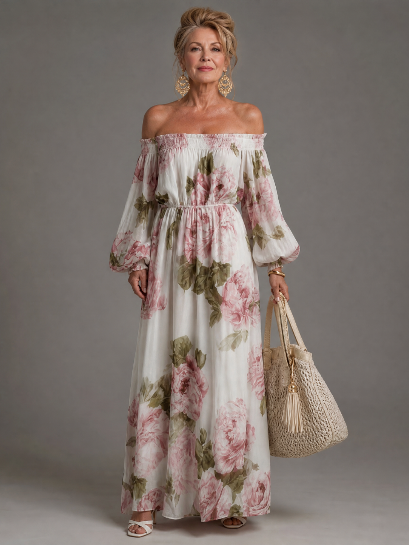 Euram | Off-Shoulder Maxi-Kleid mit Blumendruck & langen Ballonärmel