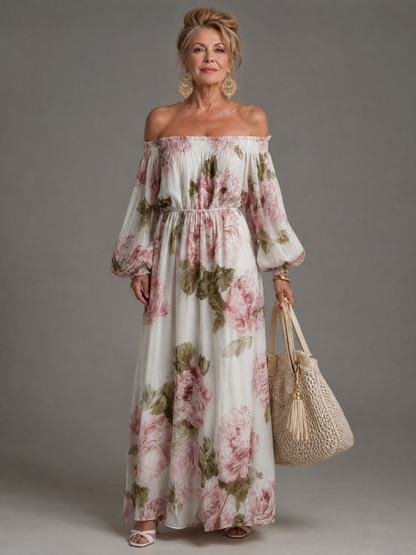 Euram | Off-Shoulder Maxi-Kleid mit Blumendruck & langen Ballonärmel
