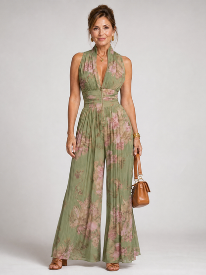 Osythia | Gefaltet Jumpsuit mit Blumendruck, Halter-Neck & weitem Bein