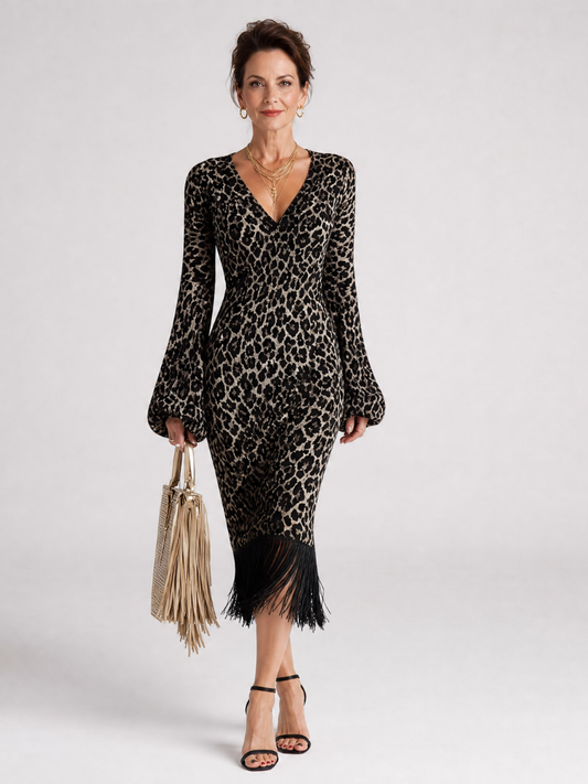 Zephyria | Geripptes Midi-Kleid mit V-Ausschnitt, langen Ärmeln & Fransen-Saum