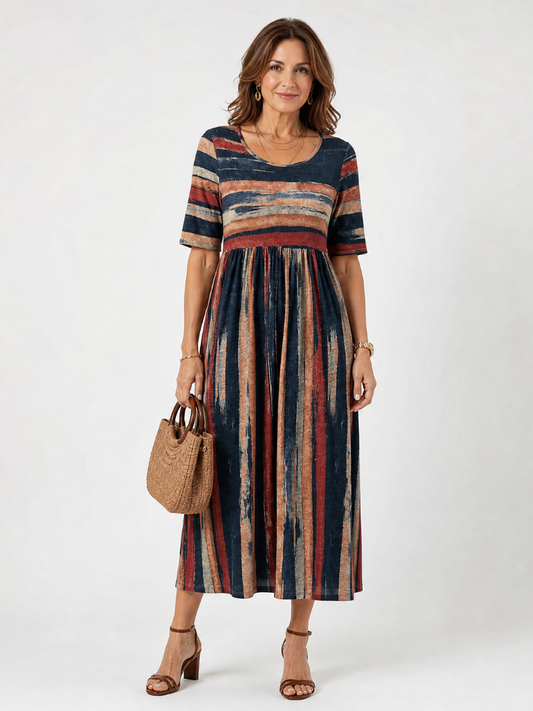 Maelisande | One-Shoulder Midi-Kleid mit Streifenmuster & Puffmärmeln