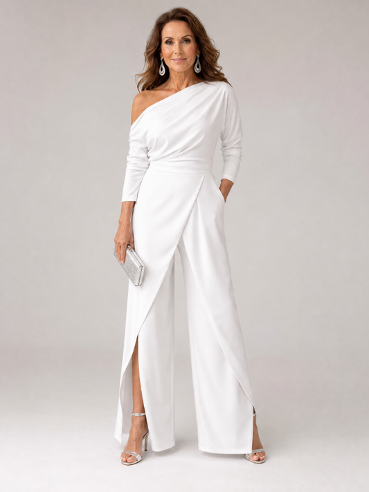 Emily | One-Shoulder Jumpsuit mit Weithose & Drapierung | 3/4-Ärmel