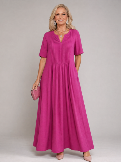 Vuma | Midi-Kleid mit V-Ausschnitt, Kurzarm & Plissee-Detail