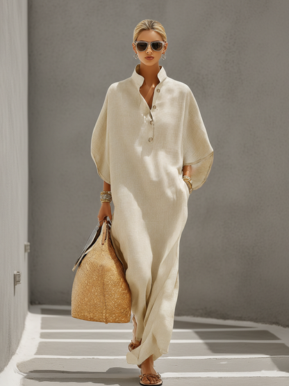 Leinenkleid mit Stehkragen & Dolman-Ärmeln in Oatmeal