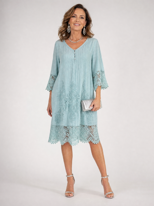 Tina | Midi-Kleid mit Spitzenbesatz, 3/4-Arm & Knopfausschnitt | Romantischer Shift-Look