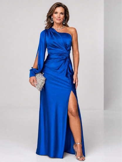 Roniol | One-Shoulder Maxi-Kleid mit Drapierung, asymmetrischem Ärmel & Beinschlitz
