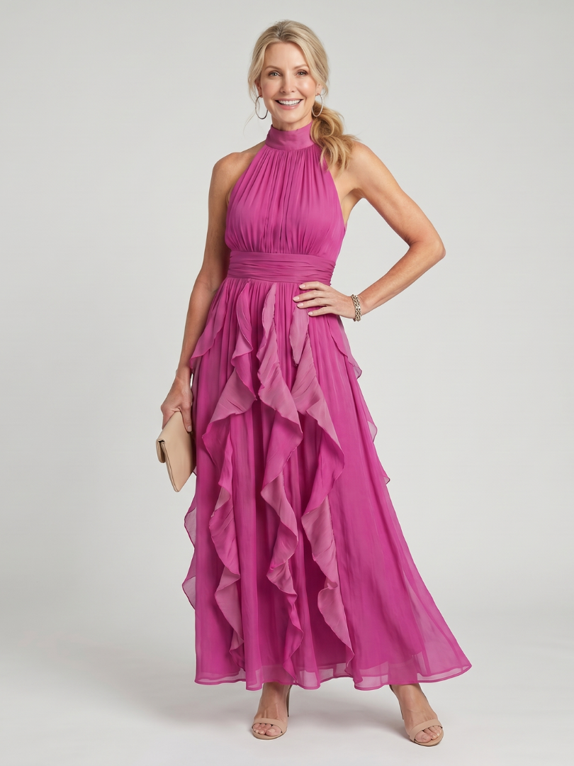 Orea | Maxi-Kleid mit hohem Halterneck, Rüschenlagen & taillierter Passform