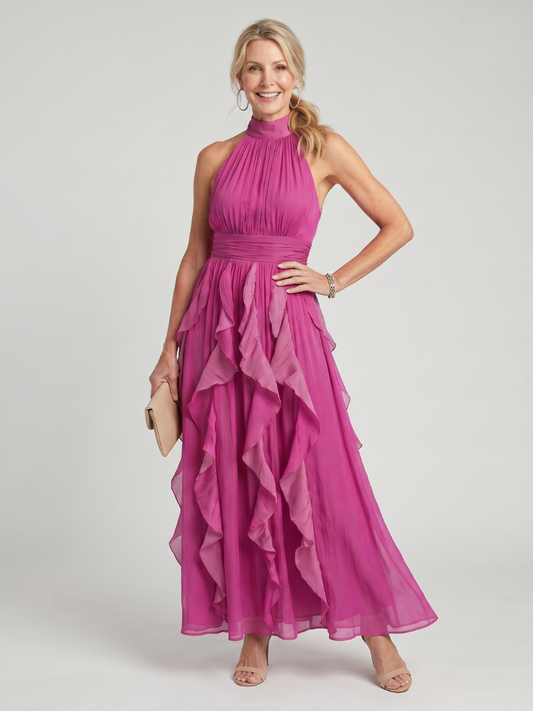 Orea | Maxi-Kleid mit hohem Halterneck, Rüschenlagen & taillierter Passform