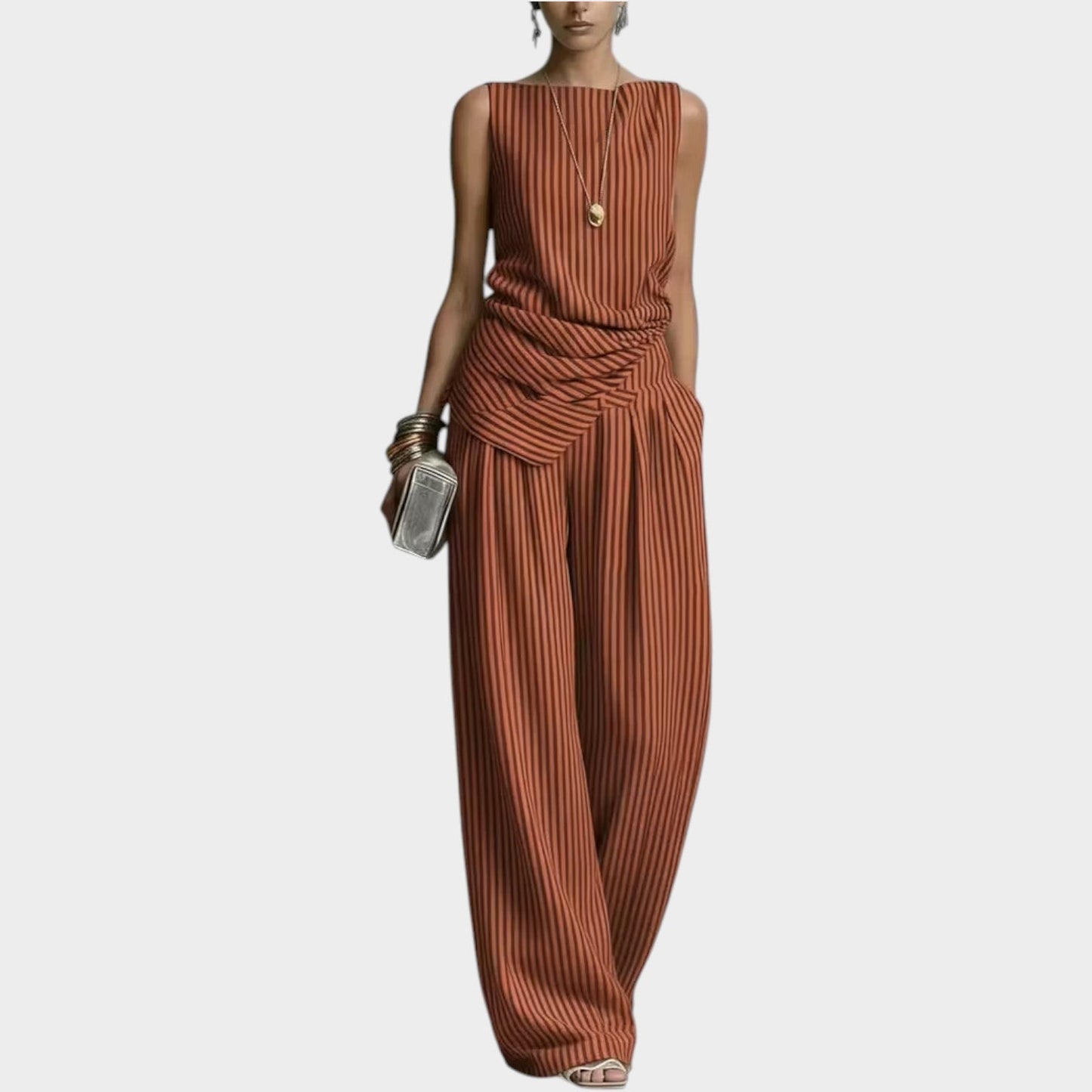 Lena | Gestreifter Zweiteiler | Ärmelloses Draped-Top & Weithose