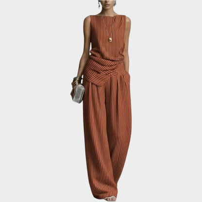 Lena | Gestreifter Zweiteiler | Ärmelloses Draped-Top & Weithose