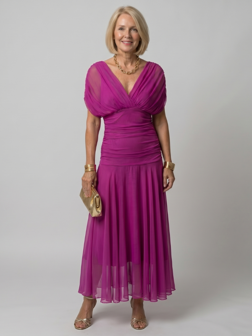 Calen | Off-Shoulder Midi-Kleid mit Drapierung & fließendem Rock