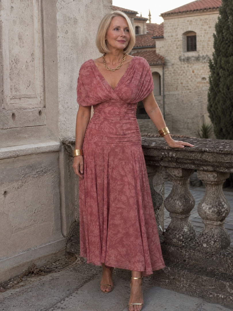 Calen | Off-Shoulder Midi-Kleid mit Drapierung & fließendem Rock