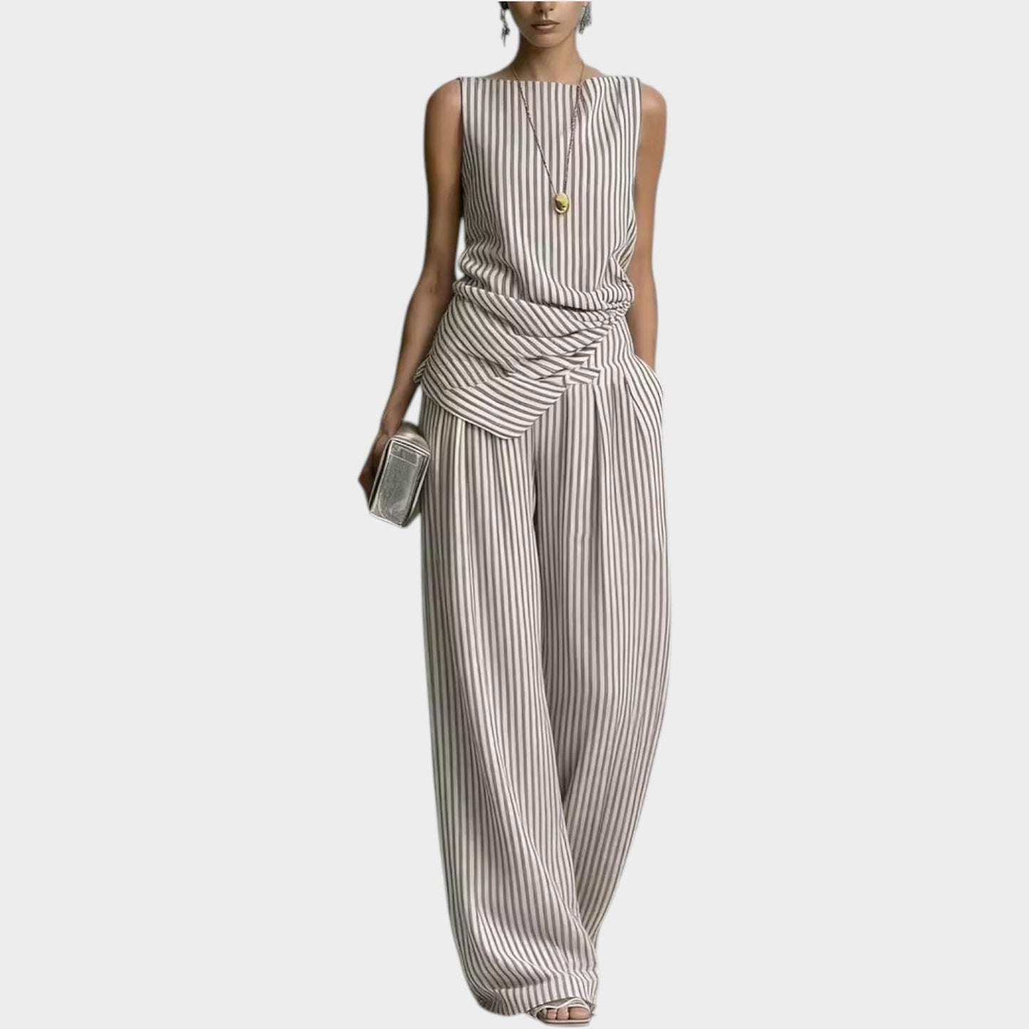 Lena | Gestreifter Zweiteiler | Ärmelloses Draped-Top & Weithose