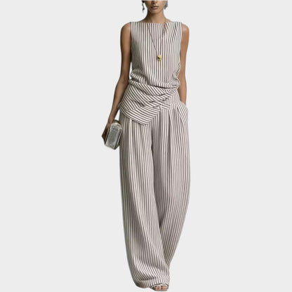 Lena | Gestreifter Zweiteiler | Ärmelloses Draped-Top & Weithose