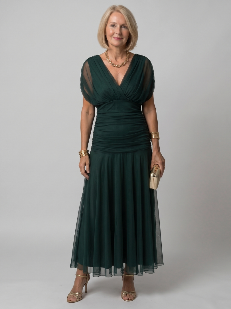 Calen | Off-Shoulder Midi-Kleid mit Drapierung & fließendem Rock