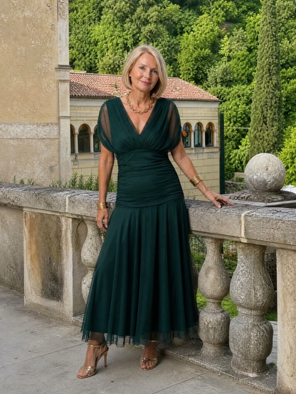 Calen | Off-Shoulder Midi-Kleid mit Drapierung & fließendem Rock