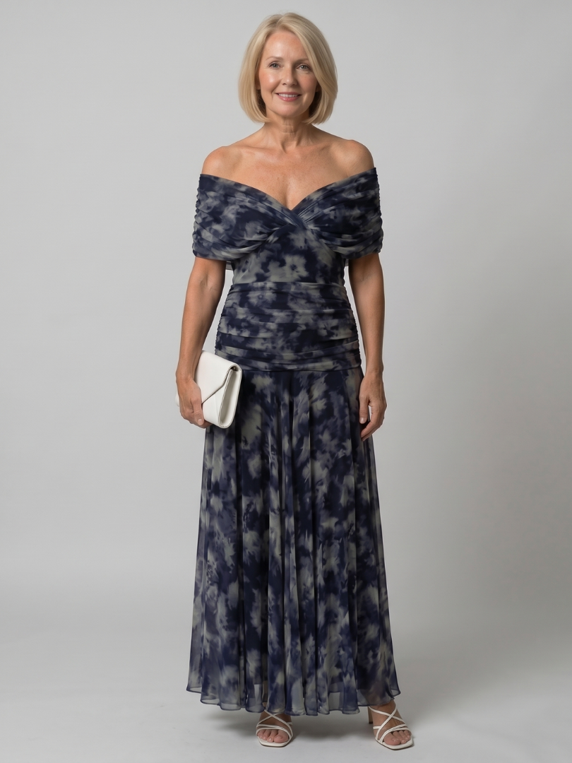 Calen | Off-Shoulder Midi-Kleid mit Drapierung & fließendem Rock