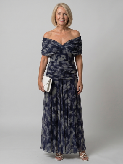 Calen | Off-Shoulder Midi-Kleid mit Drapierung & fließendem Rock