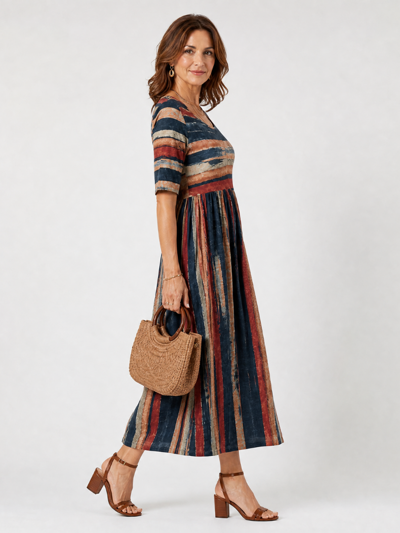 Maelisande | One-Shoulder Midi-Kleid mit Streifenmuster & Puffmärmeln