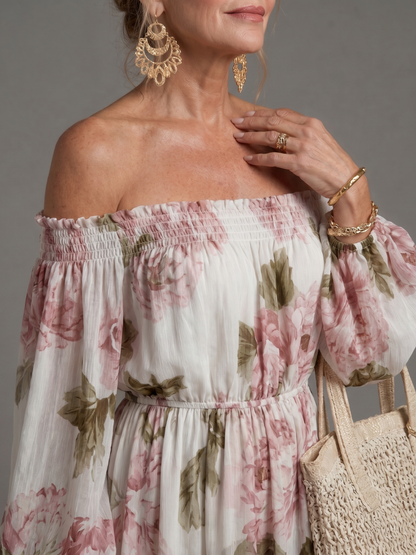 Euram | Off-Shoulder Maxi-Kleid mit Blumendruck & langen Ballonärmel
