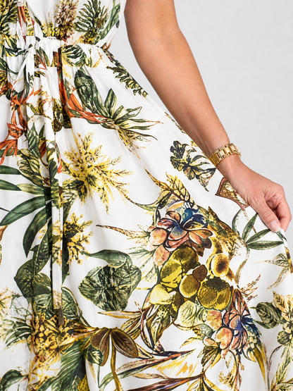 Evarisque | Ärmelloses Maxi-Kleid mit Tropenprint, V-Ausschnitt & definierter Taille