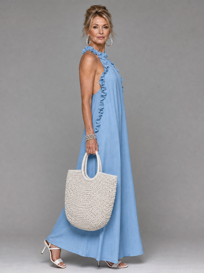 Euman | Ärmelloses Maxi-Kleid mit Rüschenkragen & Seitentaschen