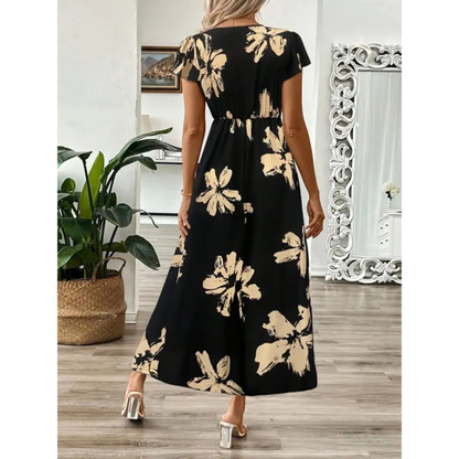 Hanneli | Maxi-Wickelkleid mit Blattprint & Volantärmeln