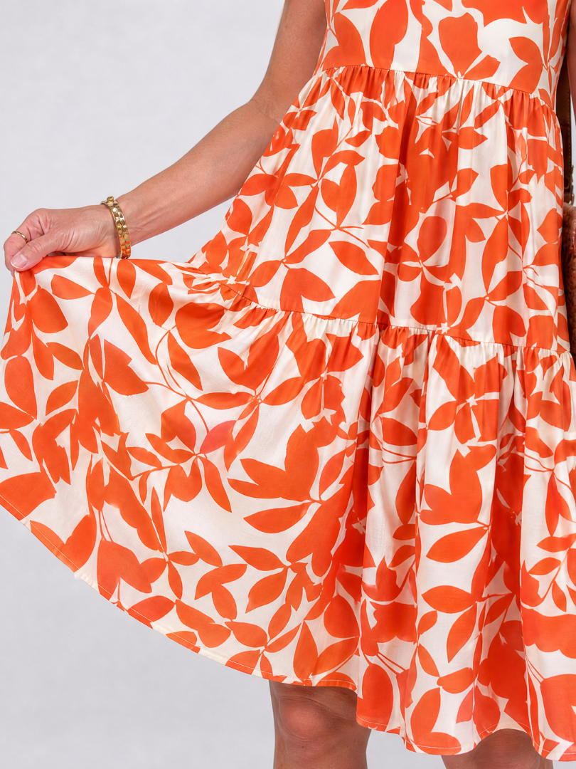 Ysalenne | Ärmelloses Mini-Kleid mit Blattdruck, V-Ausschnitt & gestuftem Rock