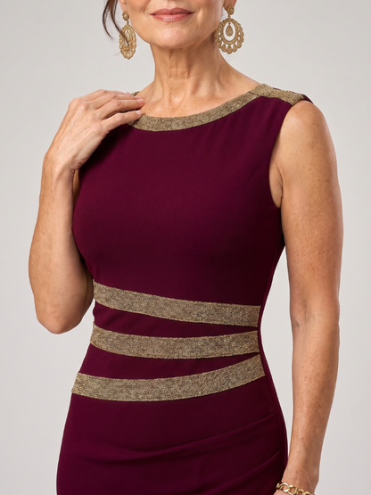 Elakya | Ärmelloses Midi-Kleid mit Metallic-Besatz, rundem Ausschnitt & Vorderschlitz
