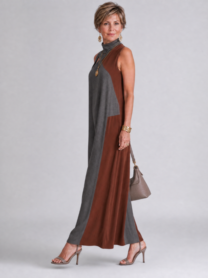 Zorynthia | Ärmelloses Midi-Kleid im Colorblock-Design mit hohem Ausschnitt & Cutout
