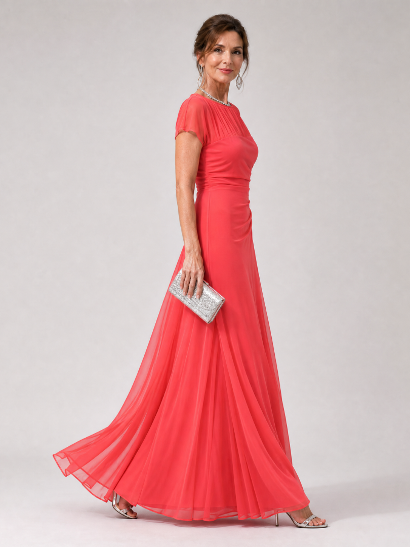 Aurethia | Maxi-Kleid mit transparentem Mesh-Joch, Raffung & Cap-Ärmeln