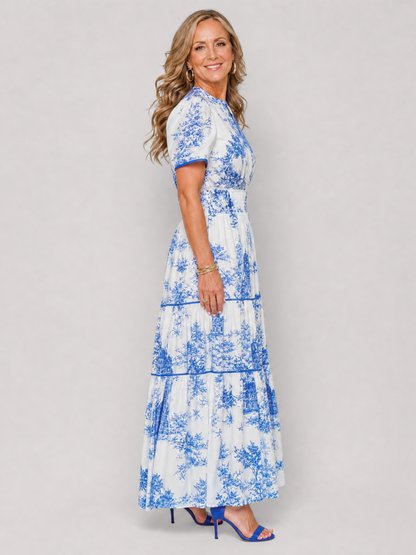 Seraphine | Midi-Kleid mit gestuftem Rock, Kurzarm & Knopfausschnitt