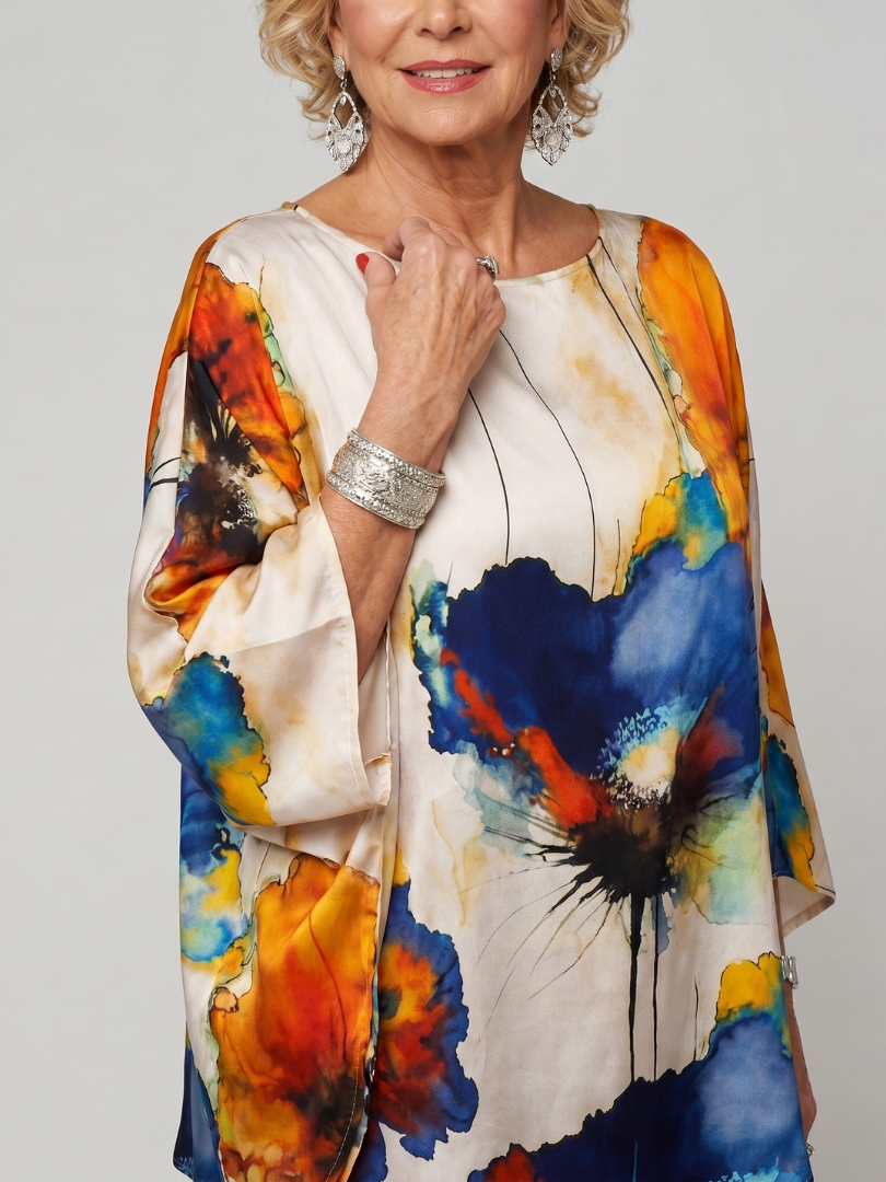 Zorielle | Zweiteiliges Blumenprint-Set mit drapierten Ärmeln & weitem Beinkleid