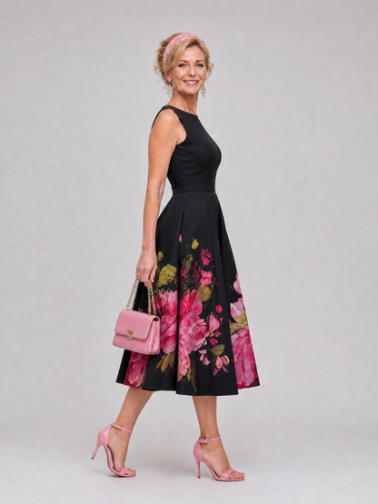 Valestria | Ärmelloses Midi-Kleid mit Blumendruck, rundem Ausschnitt & vollem Rock
