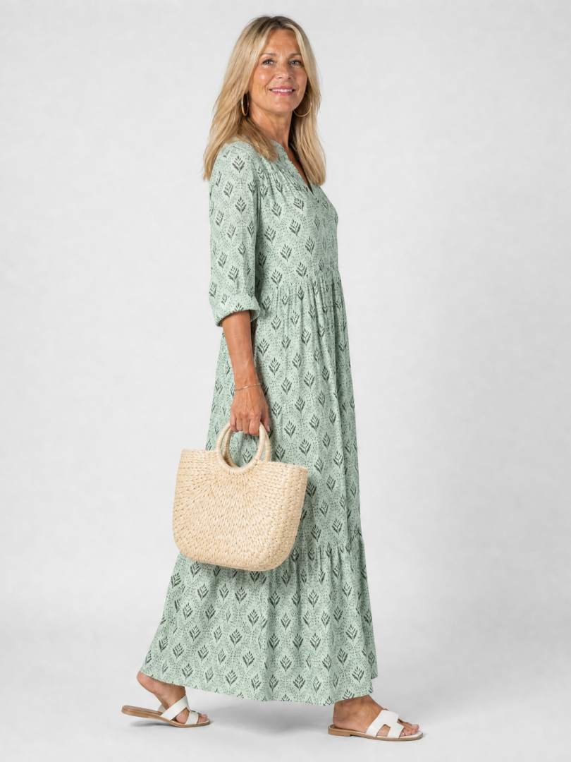 Zirelle | Maxi-Kleid mit Print, Kragen, Knopfleiste & aufgekrempelten Ärmeln