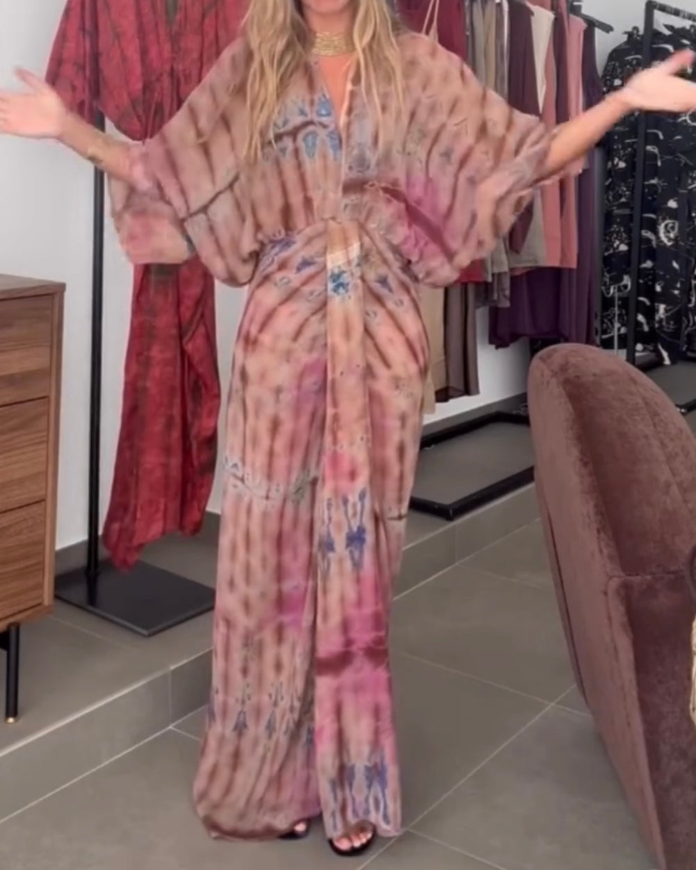 Retro print V-neck fitted waist belted long dress