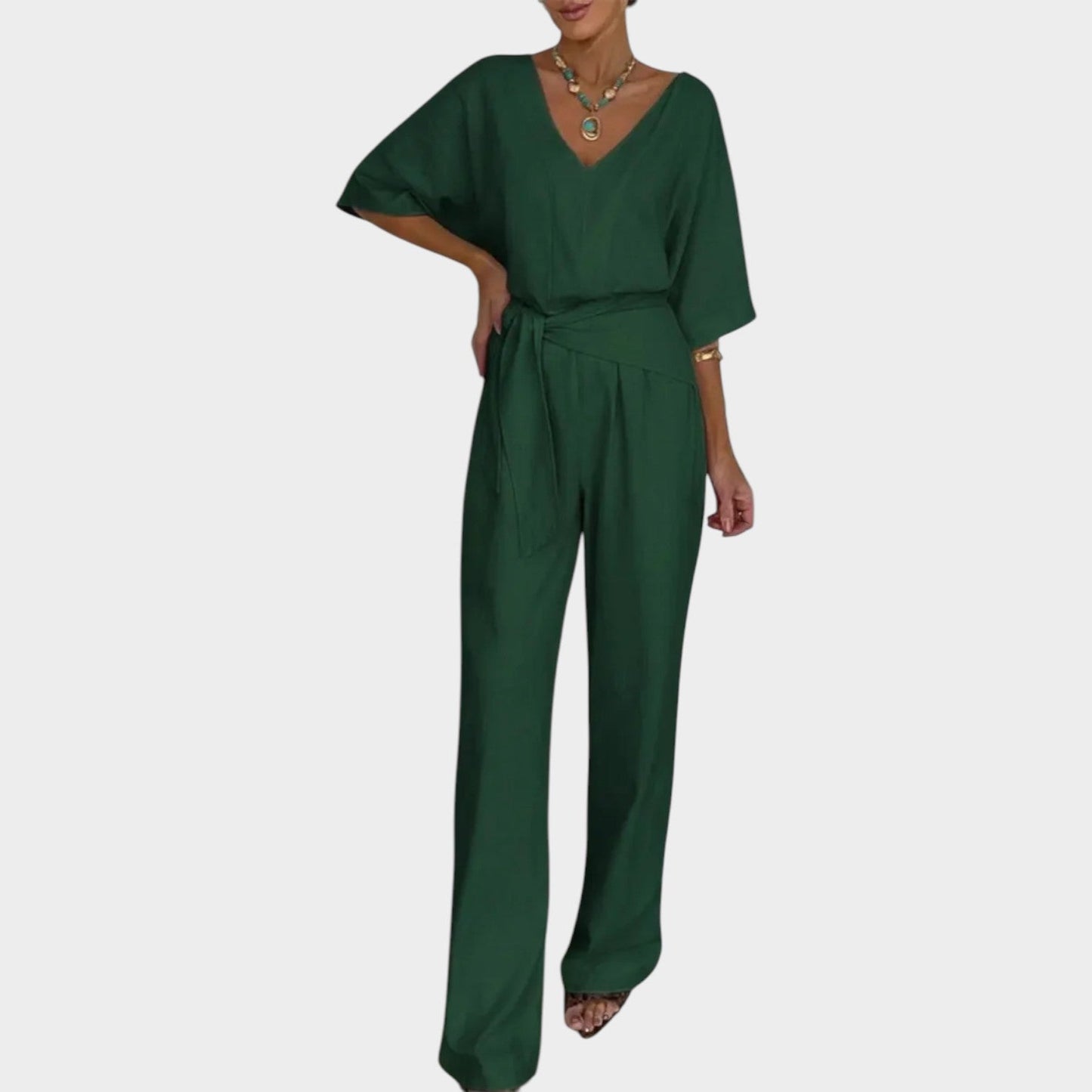Vera | Eleganter Jumpsuit mit V-Ausschnitt & Bindegürtel | Weithose