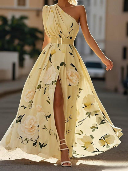 Julie | Hellgrünes Floral Chiffon Ein-Schulter Maxikleid