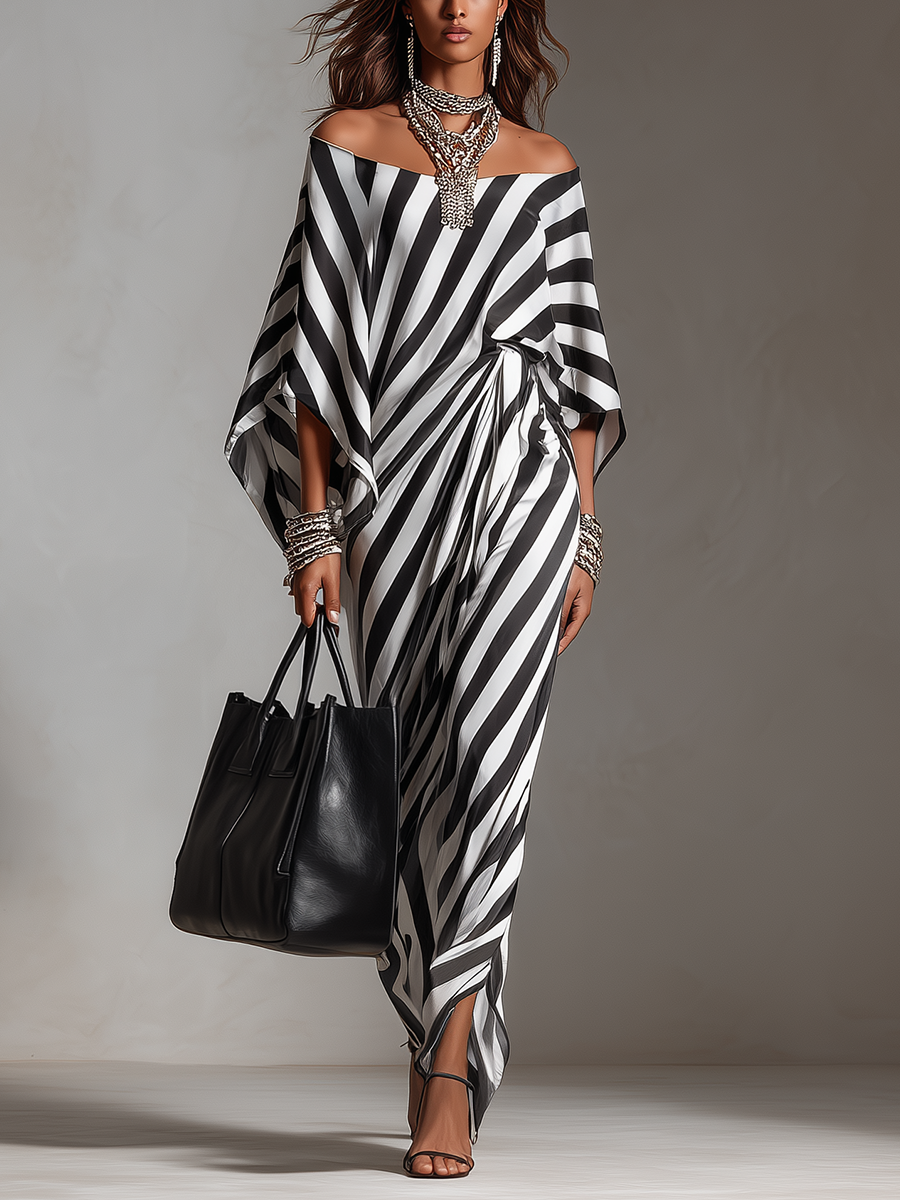 Statement Monochrome Streifen Maxi-Kleid mit asymmetrischem Schnitt
