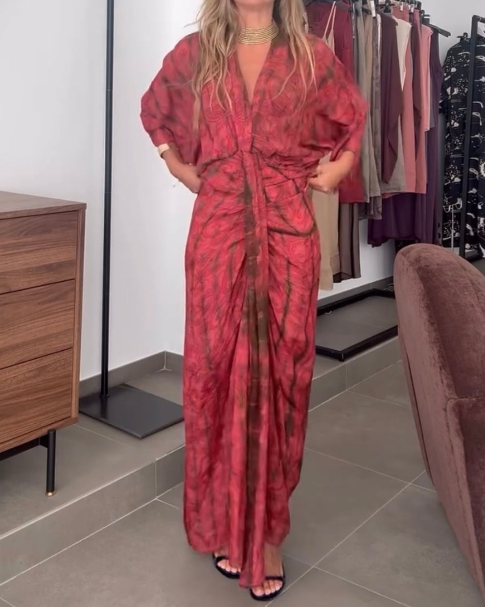 Retro print V-neck fitted waist belted long dress