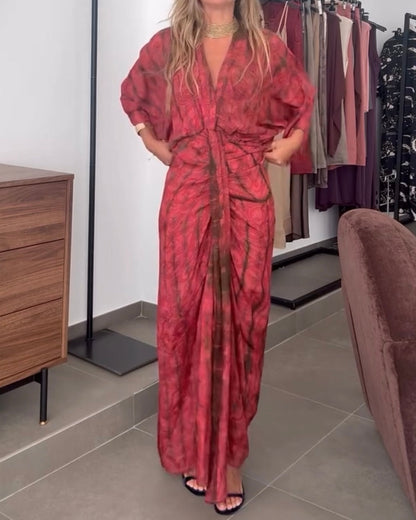 Retro print V-neck fitted waist belted long dress