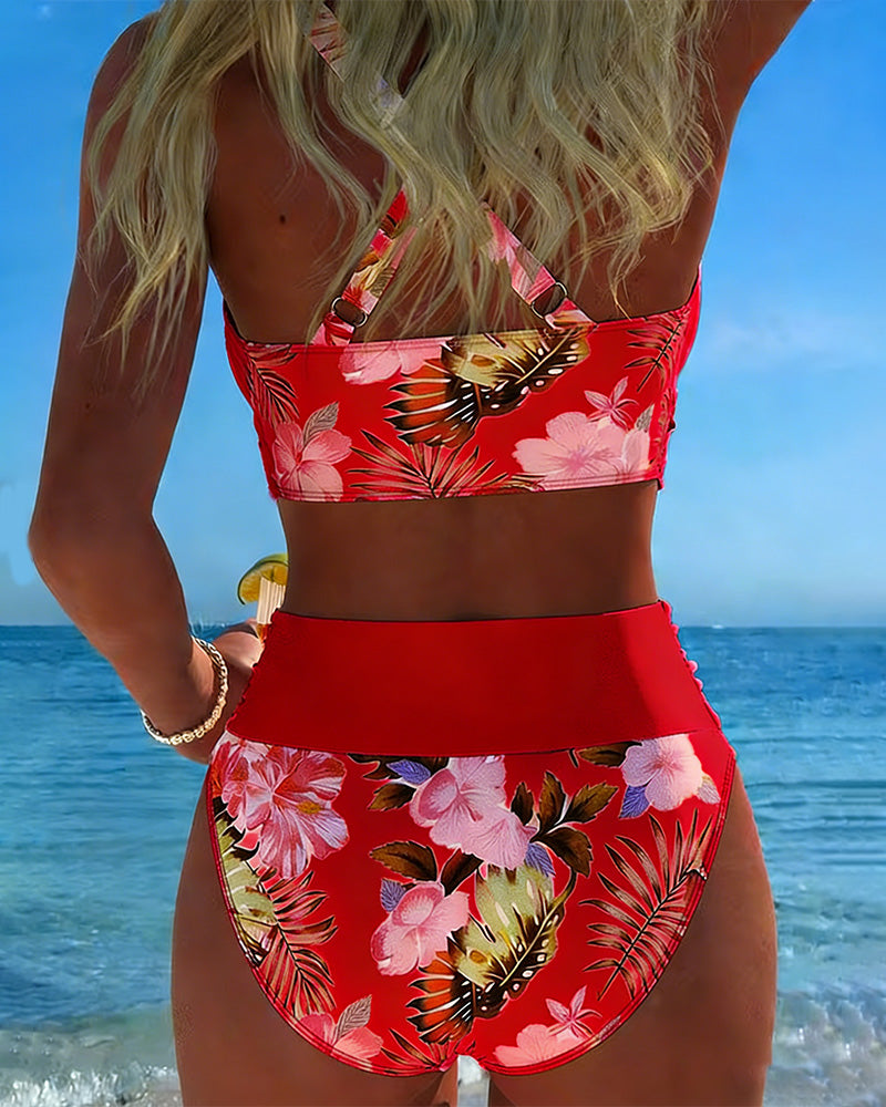 Bikini Kontrast Blumenmuster Geteilt