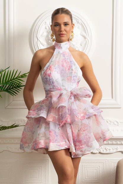 Florales Neckholder Rüschen-Minikleid – Rosa