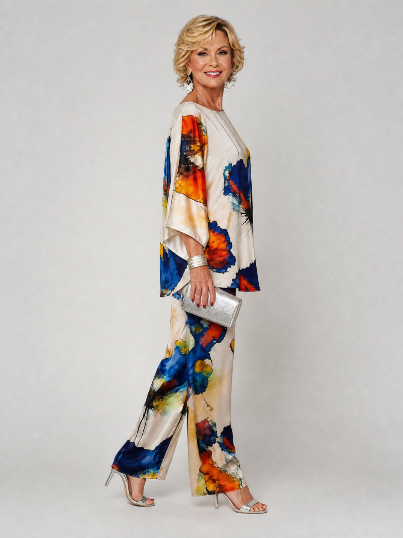 Zorielle | Zweiteiliges Blumenprint-Set mit drapierten Ärmeln & weitem Beinkleid