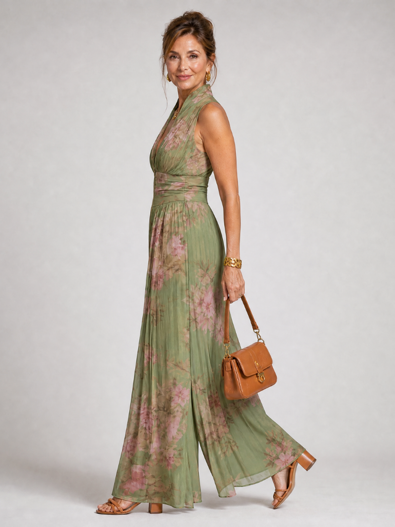 Osythia | Gefaltet Jumpsuit mit Blumendruck, Halter-Neck & weitem Bein