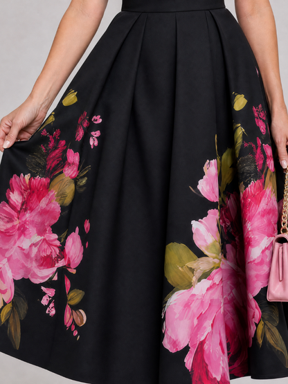 Valestria | Ärmelloses Midi-Kleid mit Blumendruck, rundem Ausschnitt & vollem Rock