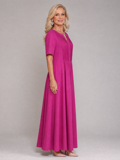 Vuma | Midi-Kleid mit V-Ausschnitt, Kurzarm & Plissee-Detail